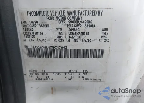 1999 Ford F-350 Lariat/Xl/Xlt из США, поврежденный, VIN 1FDSF34L4XEC47642